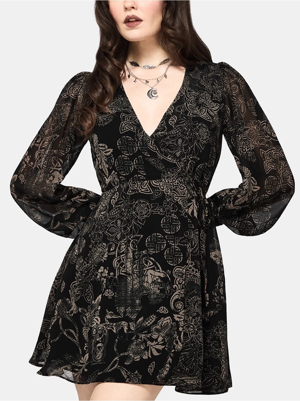 Disturbia Black Floral Wrap Dress with Light Gray Print